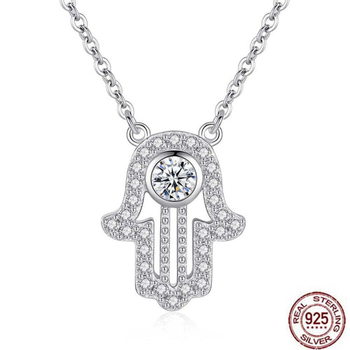 White Stone Studded Hamsa Hand Evil Eye Silver Necklace - NecklaceSilver