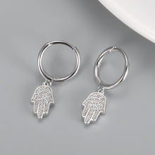 Load image into Gallery viewer, White Stone Studded Hamsa Hand Silver Earrings - EarringsSilver
