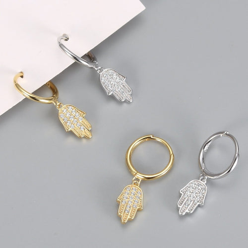 White Stone Studded Hamsa Hand Silver Earrings - EarringsSilver
