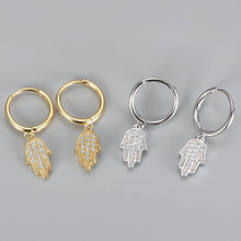 Load image into Gallery viewer, White Stone Studded Hamsa Hand Silver Earrings - EarringsGold
