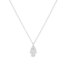 Load image into Gallery viewer, White Stone Studded Hamsa Hand Silver Necklace - NecklaceSilver
