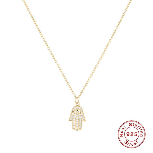 White Stone Studded Hamsa Hand Silver Necklace - NecklaceGold