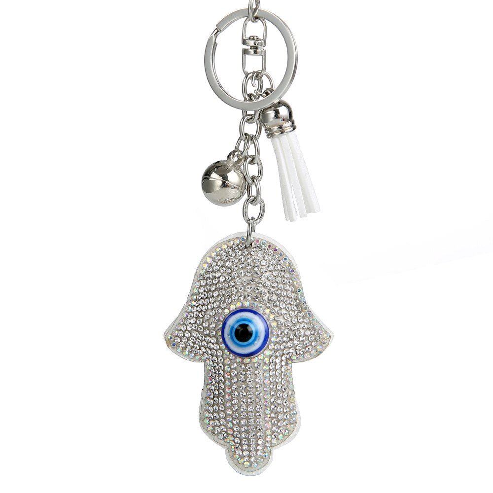 White Stone Studded Hamsa Hand with Blue Evil Eye Keychain - Keychain