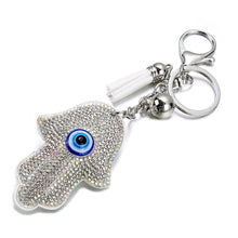 Load image into Gallery viewer, White Stone Studded Hamsa Hand with Blue Evil Eye Keychain - Keychain
