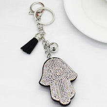 Load image into Gallery viewer, White Stone Studded Hamsa Hand with Evil Eye Keychain - Keychain
