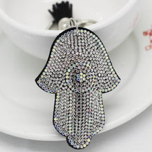 Load image into Gallery viewer, White Stone Studded Hamsa Hand with Evil Eye Keychain - Keychain
