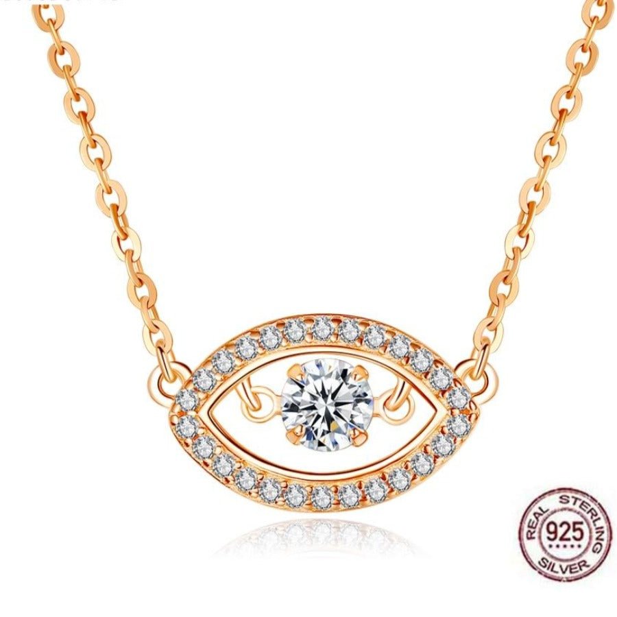 White Stone Studded Rose Gold Colored Evil Eye Silver Necklace - Necklace