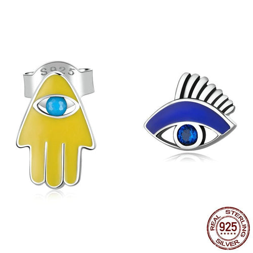 Yellow Hamsa Hand and Blue Evil Eye Silver Earrings - Earrings